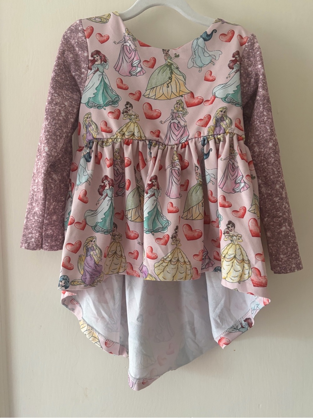 Girls Pink Princess Print High-Low Long Sleeve Top